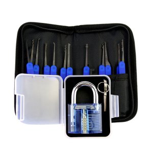 Blue Transparent Practice Padlock with Canvas Bag 15PCS Lockpicking Tools Blue Silicon Case (Combo 6